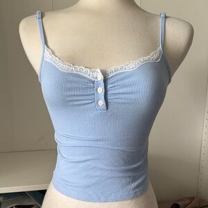 Light Blue Lace-Trim Ribbed Crop Tank Top
